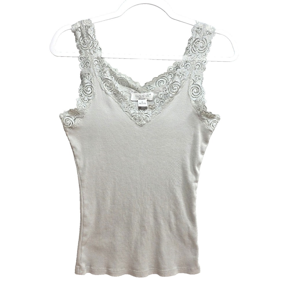 August Silk Y2K Lace Beaded Tank Top Womens M  Vneck Coquette Fairy Ribbed‎ Gray